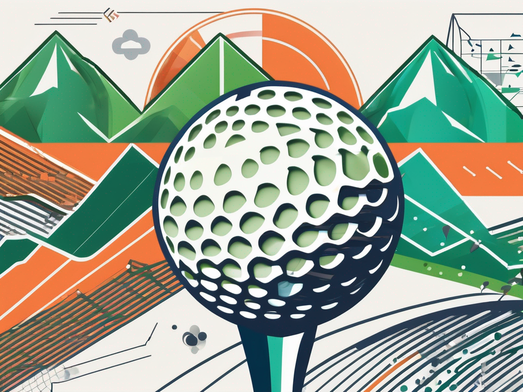 A vibrant golf ball prominently featuring a unique logo design