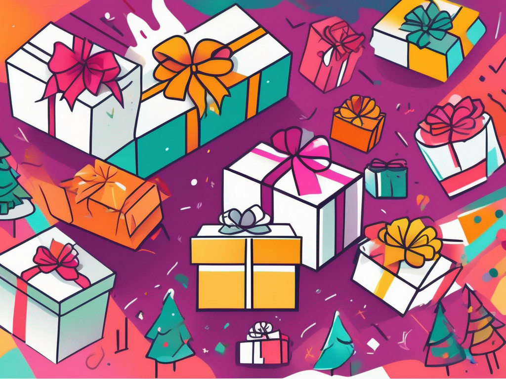 Draw an illustration of a vibrant and colorful gift box overflowing with various enticing items like coupons