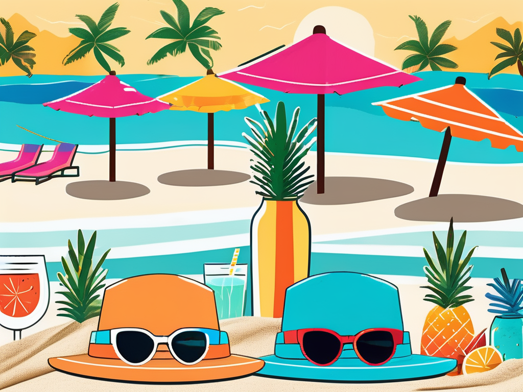 A vibrant summer scene featuring stylish sunglasses resting on a sandy beach